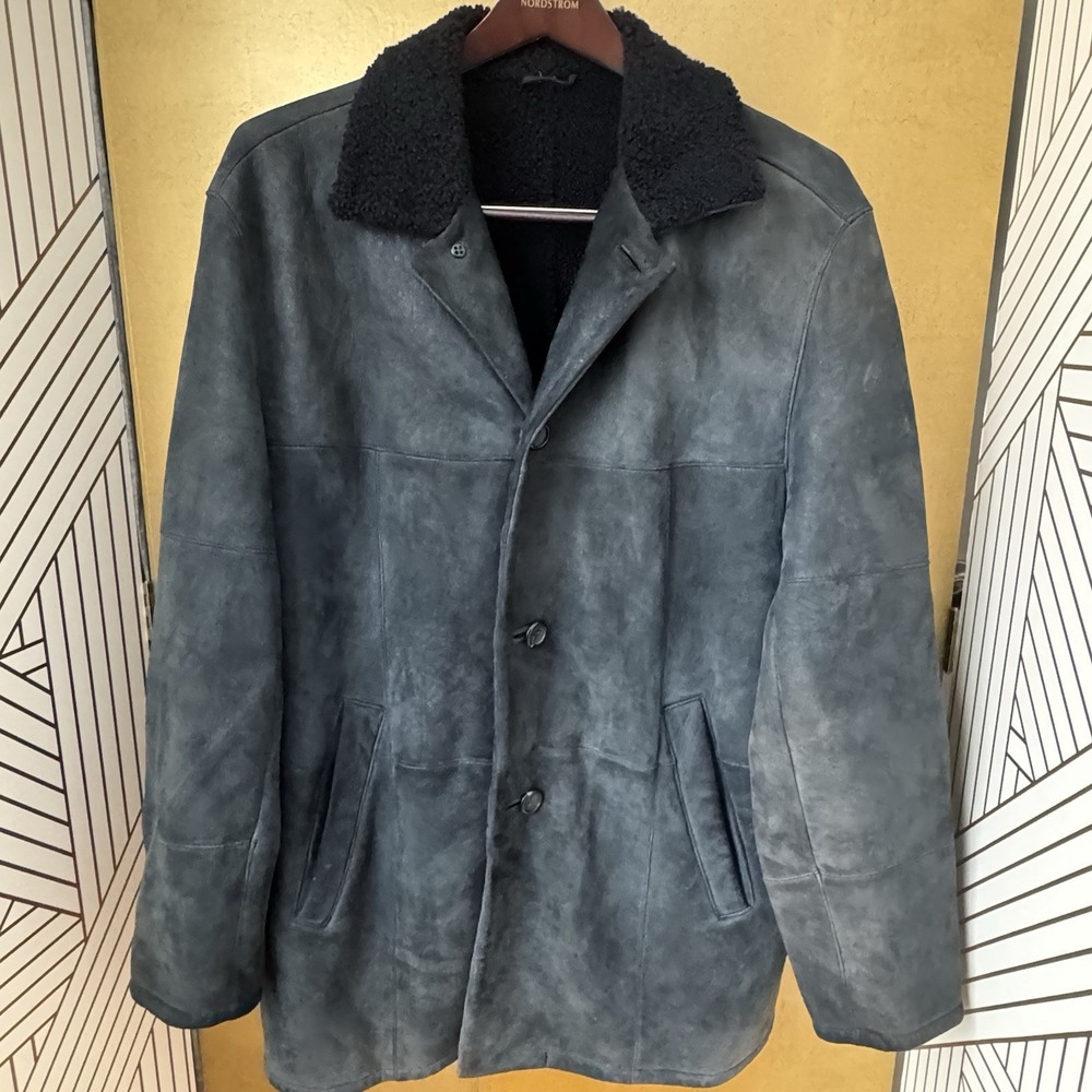 Vintage Men's XL Black Shearling Sueded Leather Coat Jacket Latini Italian Sz 54